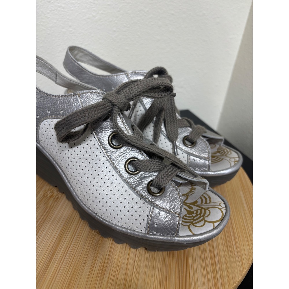 Fly London Yuta Wedge Sandals 39 Silver White Leather Lace Up Platform Slingback - Picture 3 of 11